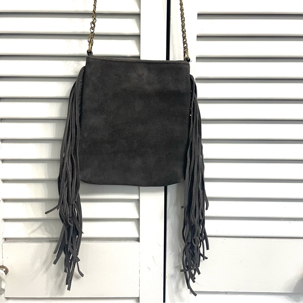 Ecote Suede Fringe Crossbody Bag Gray Leather Boho Festival Chain Strap purse